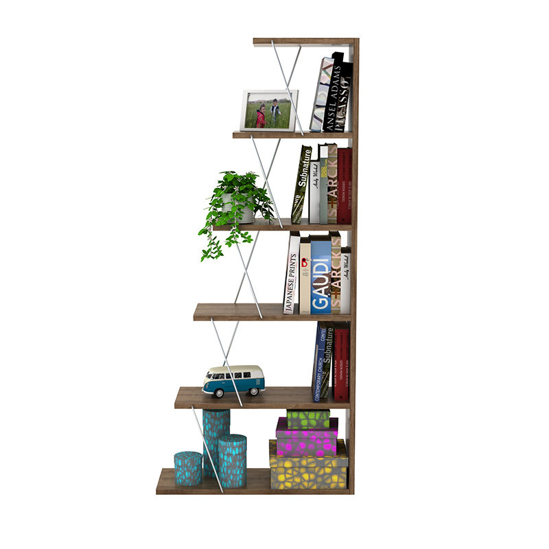 Βιβλιοθήκη mini TARS pakoworld χρώμα καρυδί-λεπτομέρειες χρωμίου 65x22x146εκ