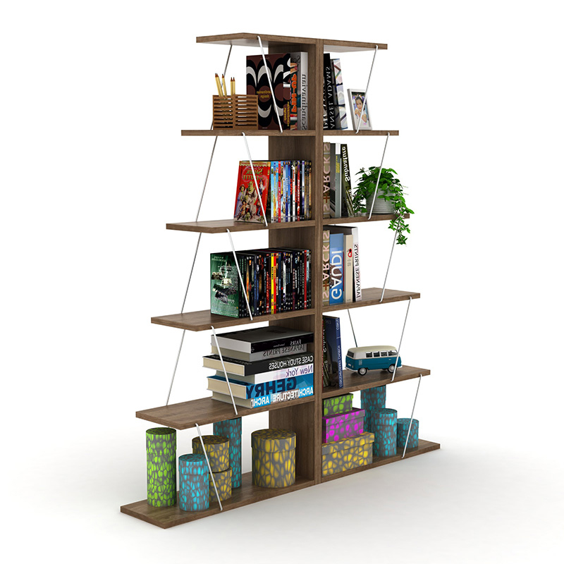 Βιβλιοθήκη mini TARS pakoworld χρώμα καρυδί-λεπτομέρειες χρωμίου 65x22x146εκ