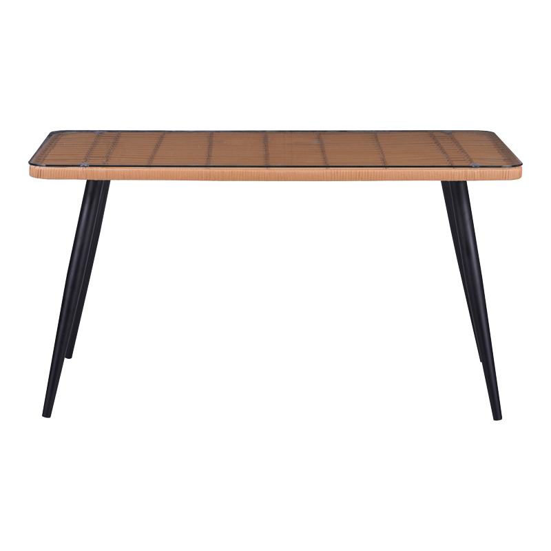 Τραπέζι Naoki pakoworld γυάλινο- pe rattan σε φυσική απόχρωση με μαυρα πόδια 140x80x78εκ