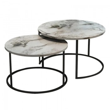 Τραπέζια σαλονιού Solme pakoworld 2τεμ λευκή όψη μαρμάρου με μαύρα μεταλλικά πόδια