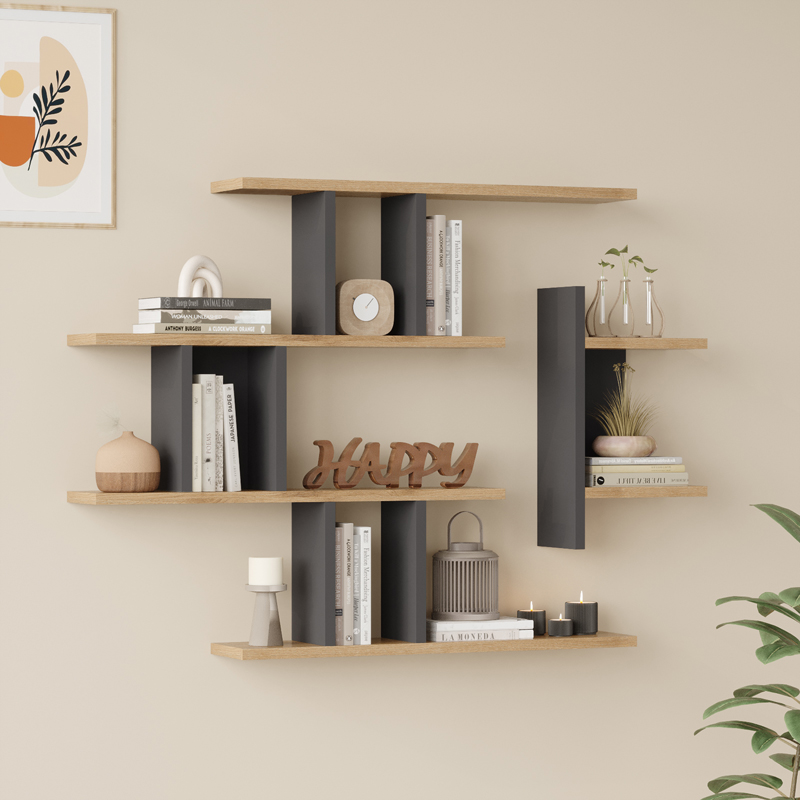 Ραφιέρα τοίχου Ledia pakoworld oak με ανθρακί 110,6x14,5x78εκ