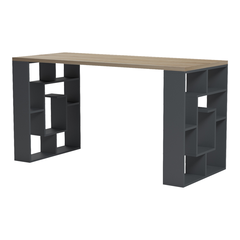 Γραφείο με ραφιέρα Labirent  pakoworld ανθρακί-sonoma 140x60x75εκ