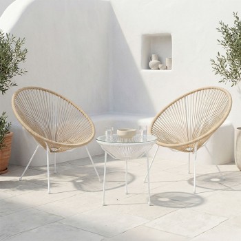 Σαλόνι Εξωτερικού Χώρου Acapulco pakoworld  Σετ 3τεμ pe rattan σε φυσική απόχρωση με λευκό μέταλλο Φ50x52εκ