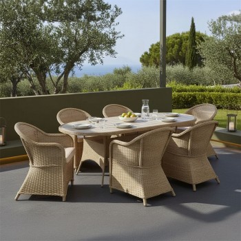 Tραπεζαρία Hadrian-Keir pakoworld σετ 7τεμ καφέ rattan-μπεζ textilene-καφέ αλουμίνιο 180x90x72εκ