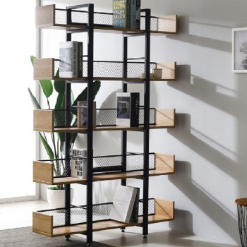 Βιβλιοθήκη Musha pakoworld μέταλλο μαύρο με oak απόχρωση 120x27x185εκ