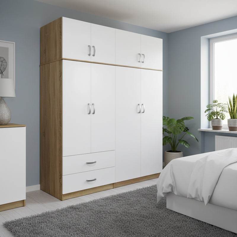 Ντουλάπα τετράφυλλη με πατάρι Athos pakoworld sonoma-λευκή 160x42x240εκ