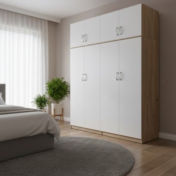 Ντουλάπα τετράφυλλη με πατάρι Athos Ι pakoworld sonoma-λευκή 160x42x240εκ