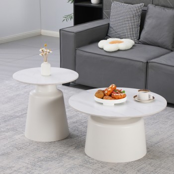 Τραπέζια σαλονιού Dualis pakoworld σετ 2 τεμ μέταλλο-sintered stone σε λευκό μαμρμάρου