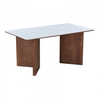 Τραπέζι Versy pakoworld sintered stone-mdf σε λευκό μαρμάρου με καρυδί βάση 160x90x75εκ
