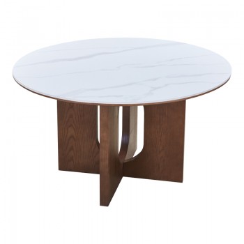 Τραπέζι Merge pakoworld sintered stone-mdf σε λευκό μαρμάρου με καρυδί βάση Φ130x75εκ