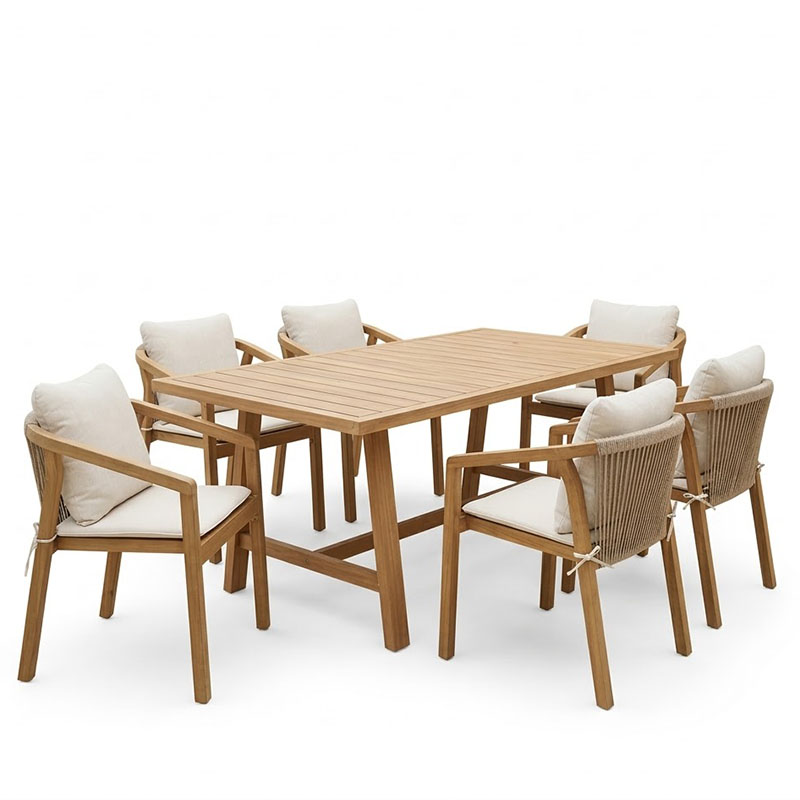 Τραπεζαρία Malibu pakoworld μασίφ ξύλο ακακίας 180x90x75εκ Σετ 7τεμ