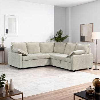 Γωνιακός καναπές κρεβάτι Lounivo pakoworld ύφασμα μπεζ 215x215x84εκ