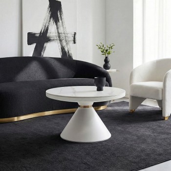 Τραπέζι σαλονιού Coozlin Inart sintered stone σε απόχρωση λευκό μαρμάρου με λευκό-χρυσό μέταλλο Φ70x40εκ