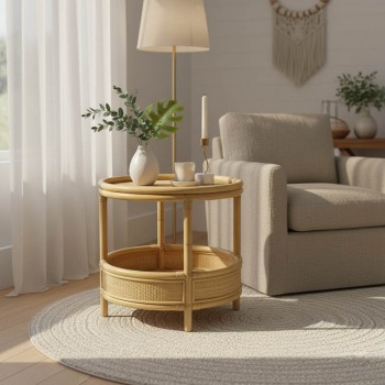 Βοηθητικό τραπέζι Moody pakoworld pe rattan σε φυσική απόχρωση Φ55x51εκ