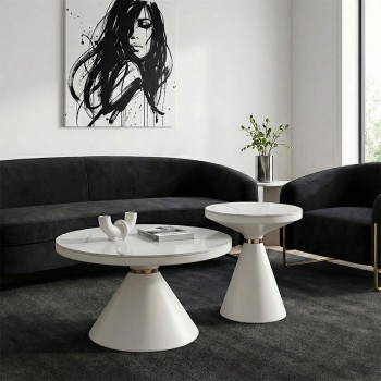 Βοηθητικά τραπέζια Coozlin Inart sintered stone σε απόχρωση λευκό μαρμάρου με λευκό-χρυσό μέταλλο