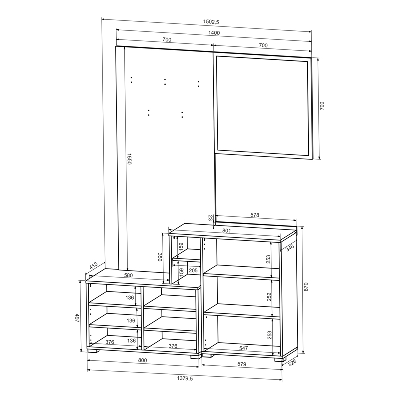 Έπιπλο εισόδου Ebro pakoworld σε oak-cappuccino απόχρωση 150.3x41.2x204.7εκ