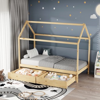Παιδικό κρεβάτι Mellin τ. Montessori με 2 συρτάρια pakoworld ξύλο πεύκου σε φυσική απόχρωση 90x190εκ