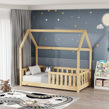 Παιδικό κρεβάτι Bambie με κιγκλίδωμα τ. Montessori pakoworld ξύλο πεύκου σε φυσική απόχρωση 70x140εκ