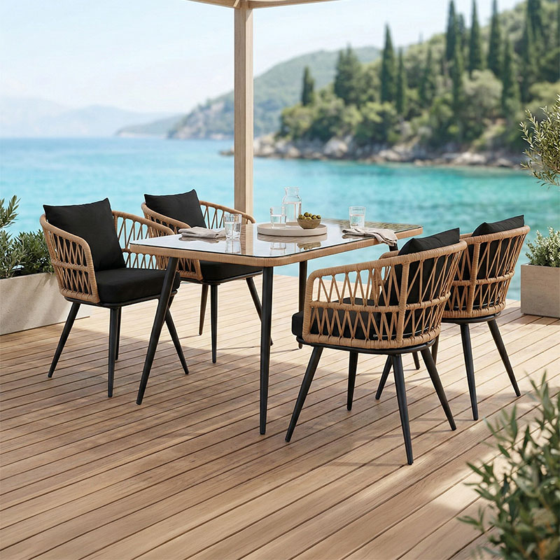 Τραπεζαρία Naoki σετ 5 τεμ pakoworld γυάλινο- pe rattan σε φυσική απόχρωση με μαυρα πόδια 140x80x78εκ