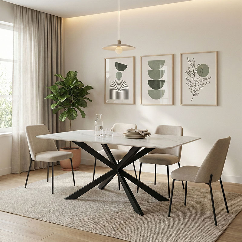 Τραπέζι Mattias pakoworld sintered stone λευκη όψη μαρμάρου με μαύρα μεταλλικά πόδια 180x90x75εκ