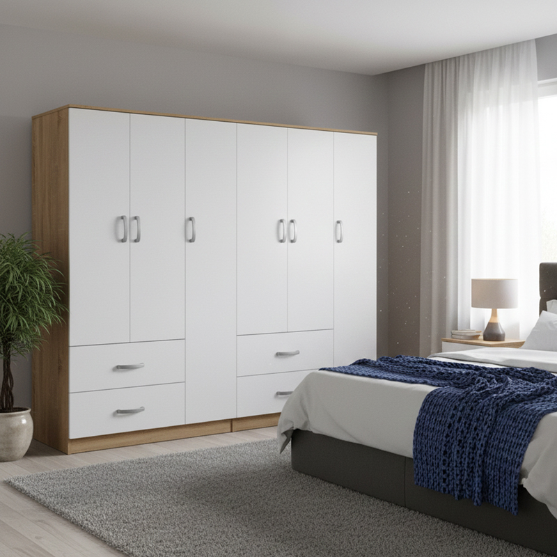 Ντουλάπα εξάφυλλη Athos pakoworld sonoma-λευκό 180x42x180εκ
