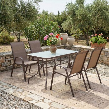 Τραπεζαρία Valor-Calan σετ 5τεμ pakoworld μέταλλο-textilene καφέ 110x60x70εκ