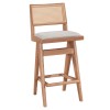 Σκαμπό bar Winslow pakoworld ξύλο rubberwood ανοικτό καρυδί-pvc rattan φυσικό-ύφασμα γκρι 44.5x46x98εκ