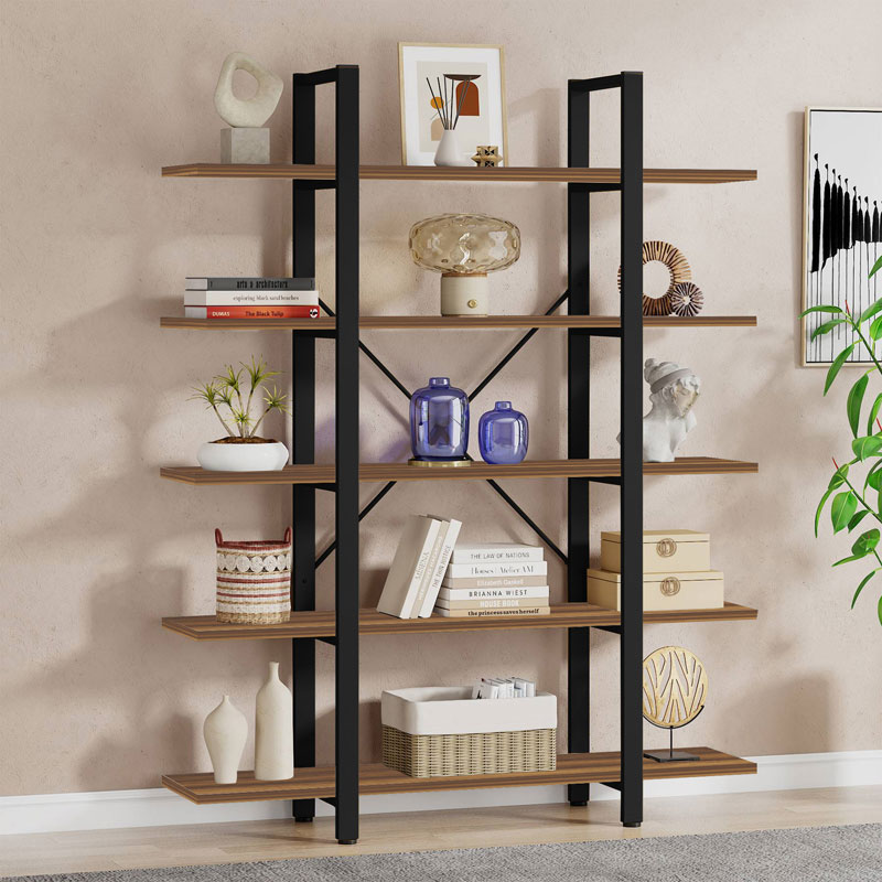 Βιβλιοθήκη Esthon pakoworld καρυδί-μαύρο μέταλλο 120x32x184εκ
