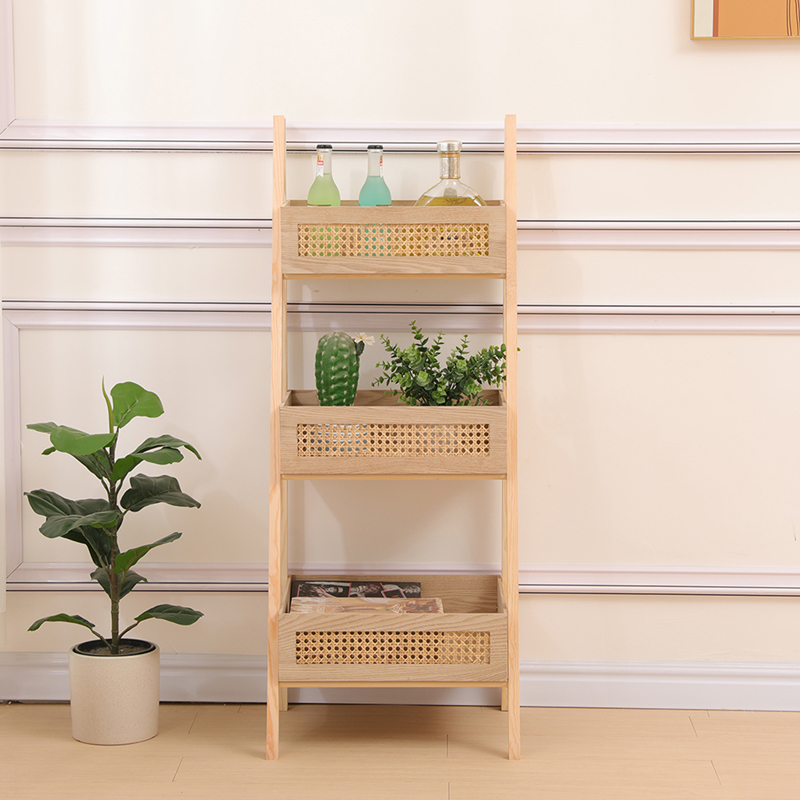 Ραφιέρα επιδαπέδια 3όροφη Scandy pakoworld mdf-rattan σε φυσική απόχρωση 44x37x110εκ