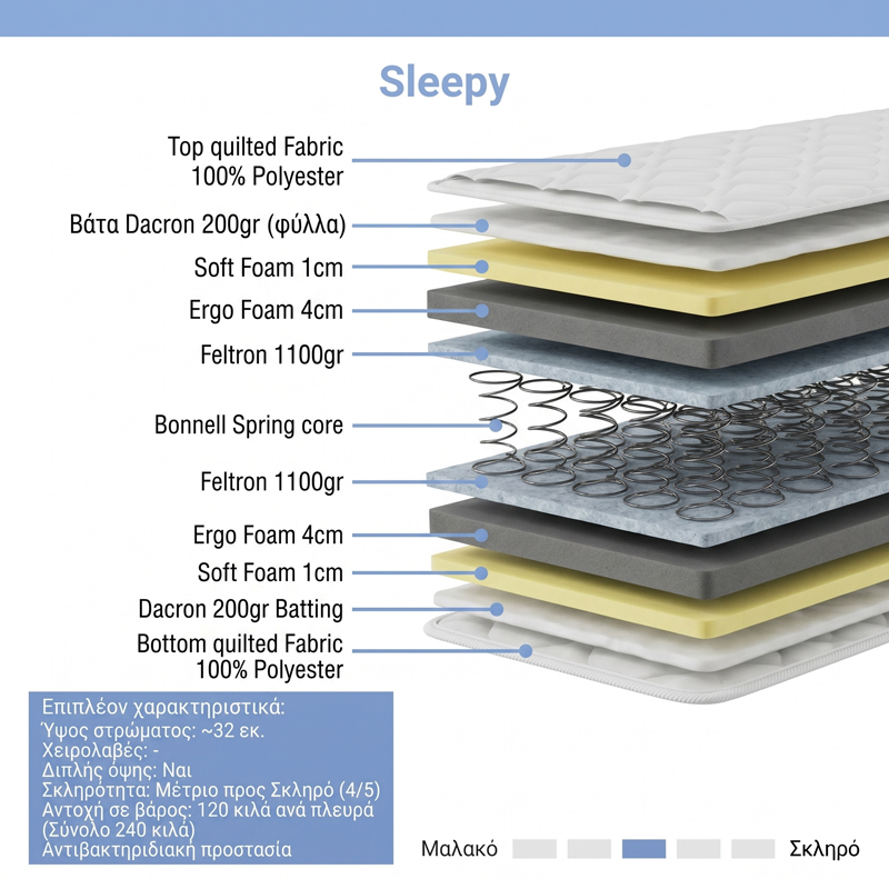 Κρεβάτι με στρώμα Athos Sleepy pakoworld sonoma 90x190εκ