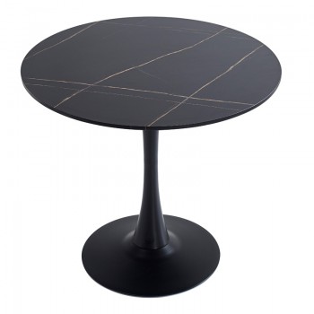 Tραπέζι Balou pakoworld sintered stone σε μαύρη απόχρωση με όψη μαρμάρου-βάση μαύρο μέταλλο Φ90x73εκ