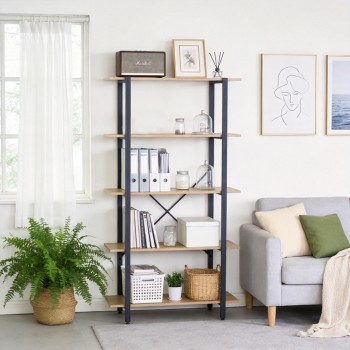 Βιβλιοθήκη Nebranzo pakoworld oak με μαύρο μέταλλο 80x34x155.3εκ