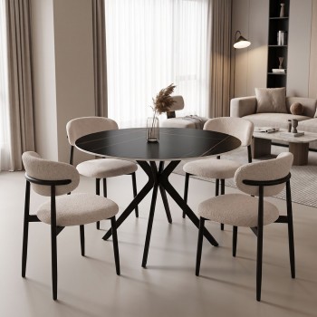 Τραπεζαρία με Καρέκλες Folegio Κρεμ και Τραπέζι Orbital Μαύρο Φ120x76εκ Σετ 5τεμ