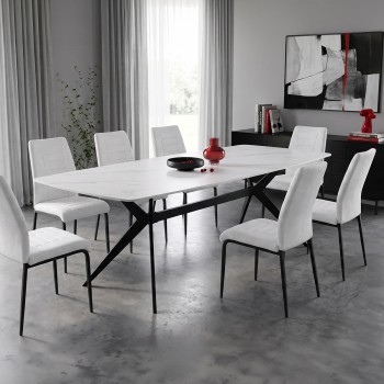 Τραπέζι Ezali pakoworld sintered stone λευκή ματ όψη μαρμάρου με μαύρο μεταλλικό πόδι 180x90x75εκ