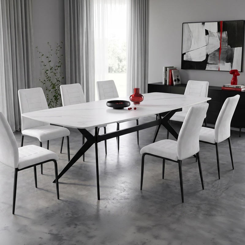 Τραπέζι Ezali pakoworld sintered stone λευκή ματ όψη μαρμάρου με μαύρο μεταλλικό πόδι 180x90x75εκ