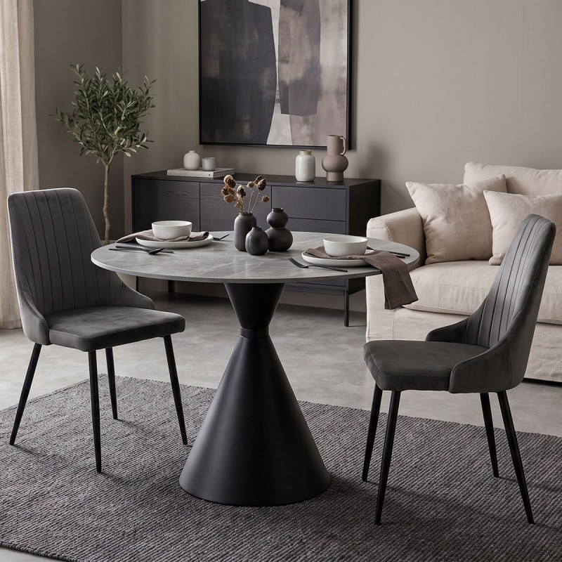 Τραπέζι Flenada pakoworld sintered stone σε γκρι όψη μαρμάρου με μαύρη μεταλλική βάση Φ80x76εκ