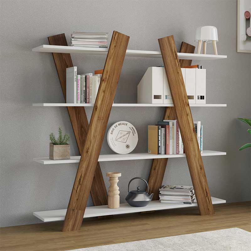 Βιβλιοθήκη PWF-0328 pakoworld χρώμα καρυδί - λευκό 150x29x137εκ