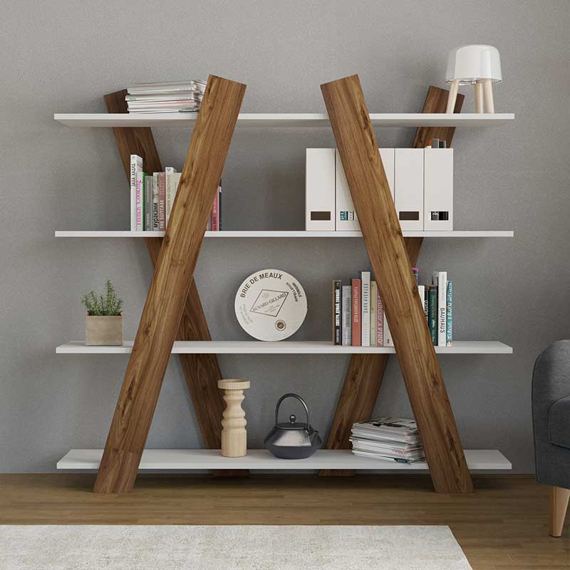 Βιβλιοθήκη PWF-0328 pakoworld χρώμα καρυδί - λευκό 150x29x137εκ