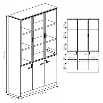 Ντουλάπα γραφείου επαγγελματική με γυάλινες πόρτες Oscar pakoworld καρυδί-ανθρακί 120x40x200εκ