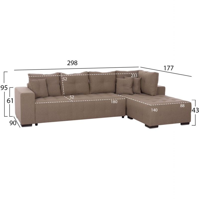 ΓΩΝΙΑΚΟΣ ΚΑΝΑΠΕΣ-ΚΡΕΒΑΤΙ ΜΕ ΑΠΟΘ.ΧΩΡΟ TRENDSTON HM3302.03R ΜΠΕΖ ΥΦΑΣΜΑ 298x177x95Υεκ