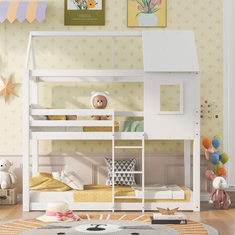 ΠΑΙΔΙΚΗ ΚΟΥΚΕΤΑ ΣΠΙΤΑΚΙ  τ.MONTESSORI HOOD HM705.03 ΞΥΛΟ ΠΕΥΚΟΥ ΣΕ ΛΕΥΚΟ-ΣΤΡΩΜΑΤΑ 190x90εκ