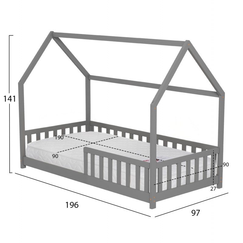 ΚΡΕΒΑΤΙ ΠΑΙΔΙΚΟ ΜΕ ΣΤΡΩΜΑ PHYLLIS HM21304.02 ΞΥΛΟ ΠΕΥΚΟΥ ΣΕ ΓΚΡΙ--ΣΤΡΩΜΑ 90x190εκ