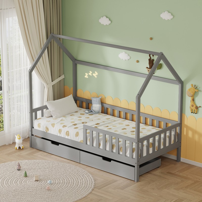 ΚΡΕΒΑΤΙ ΠΑΙΔΙΚΟ ΜΕ ΣΥΡΤΑΡΙΑ PHYLLIS HM21324.02 ΞΥΛΟ ΠΕΥΚΟΥ ΓΚΡΙ--ΜΕ ΣΤΡΩΜΑ 90x190εκ