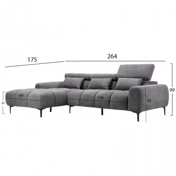 ΚΑΝΑΠΕΣ ΑΡΙΣΤΕΡΗ ΓΩΝΙΑ DIVYA HM3267.12L ΓΚΡΙ ΥΦΑΣΜΑ 264x175x99Υεκ.
