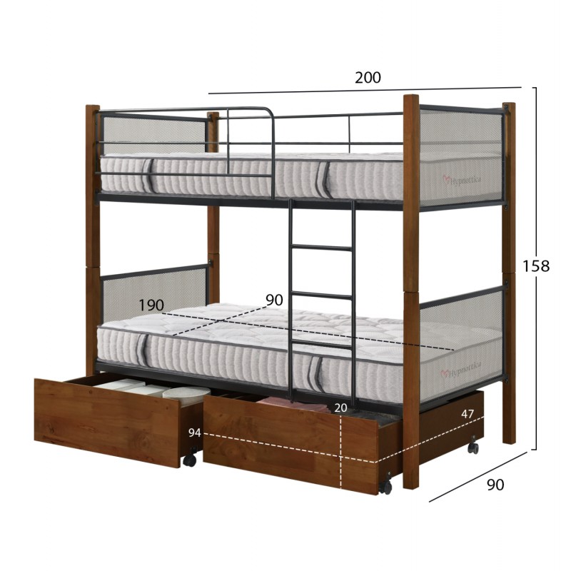 ΚΟΥΚΕΤΑ ΜΕ 2 ΣΥΡΤΑΡΙΑ & 2 ΣΤΡΩΜΑΤΑ 90X190εκ RAYVEN HM10749.05 ΞΥΛΟ ΚΑΡΥΔΙ ΚΑΙ ΜΕΤΑΛΛΟ